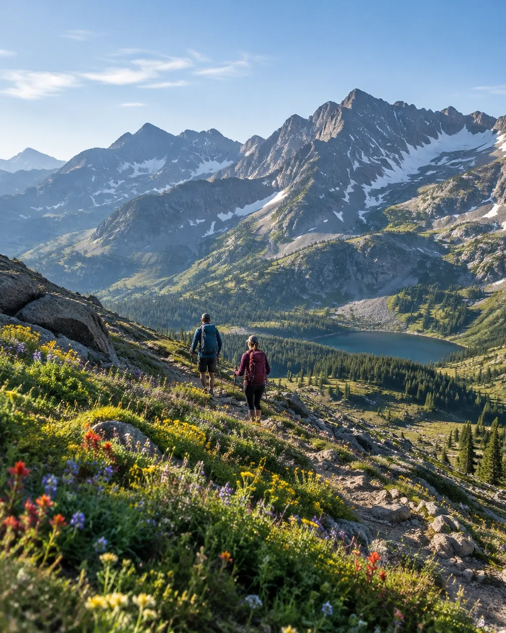 Hikers on a Colorado alpine trail beneath dramatic Rocky Mountain peaks