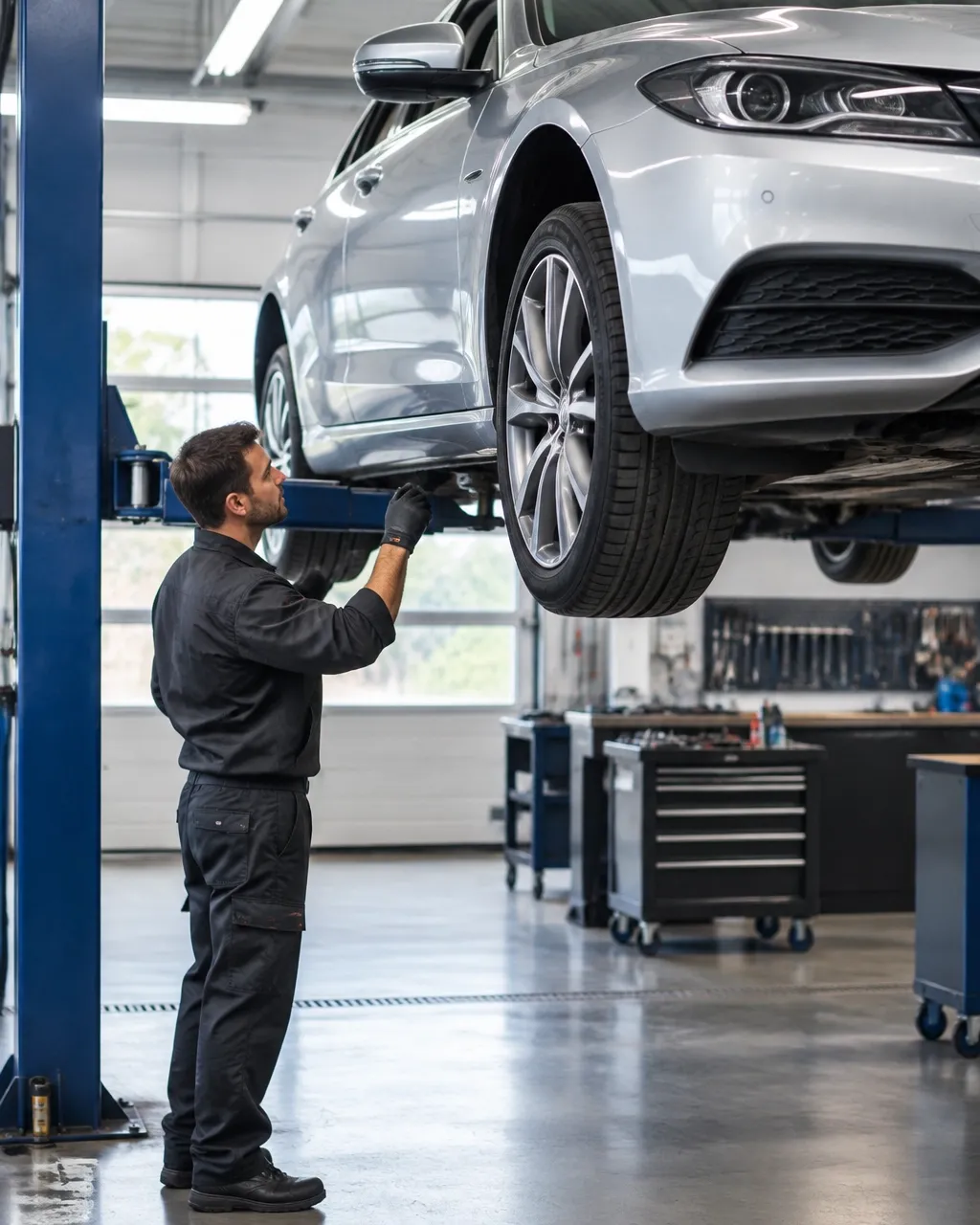 Clean professional auto service garage with a silver car and technician at work