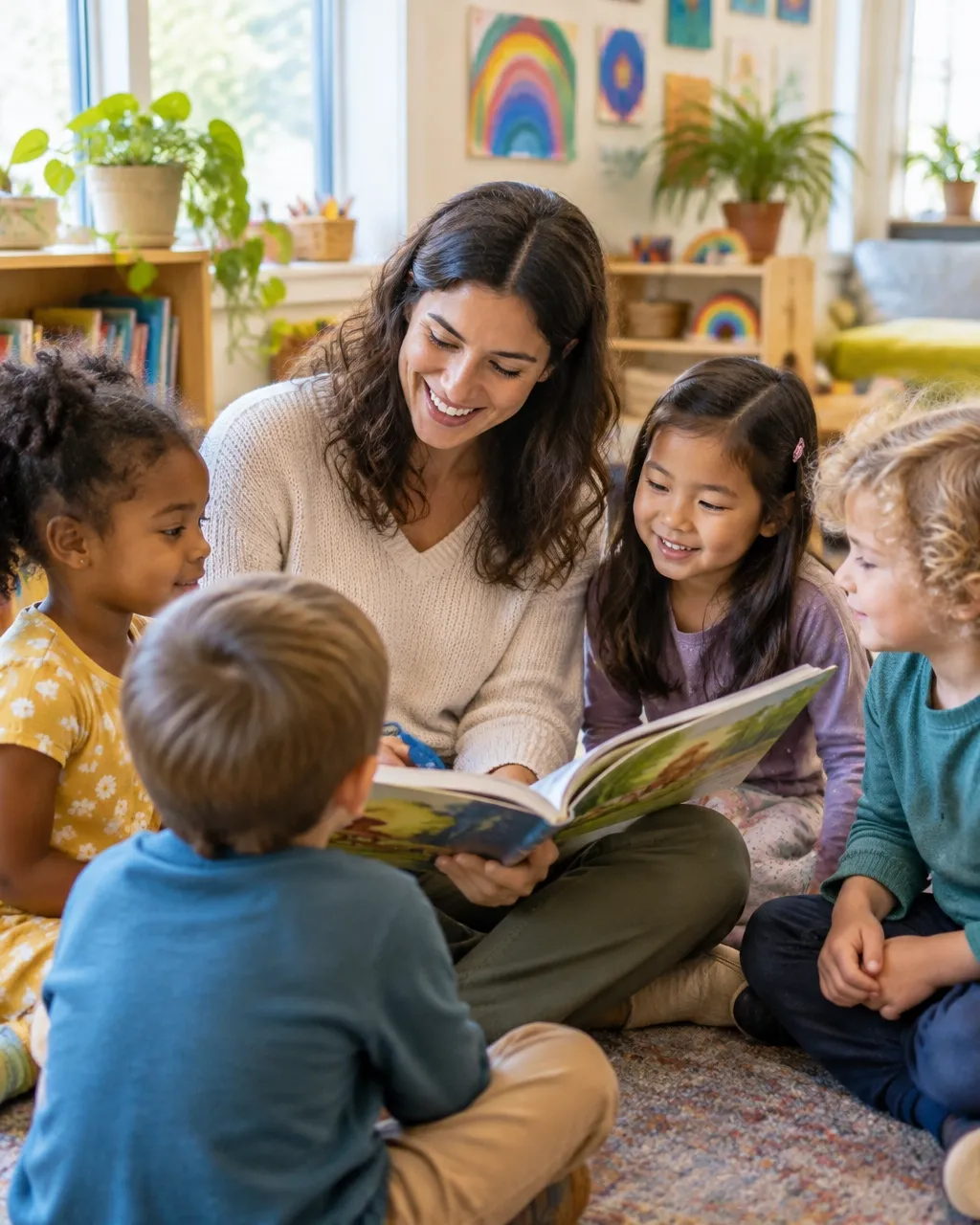 Teacher reading with young children in a sunny, welcoming classroom