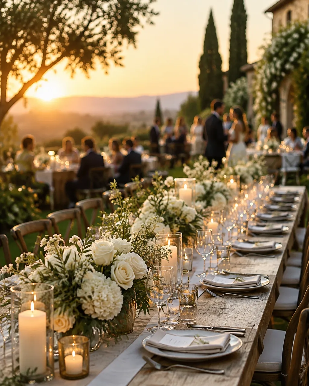 Romantic outdoor garden wedding table at golden hour with flowers and candles