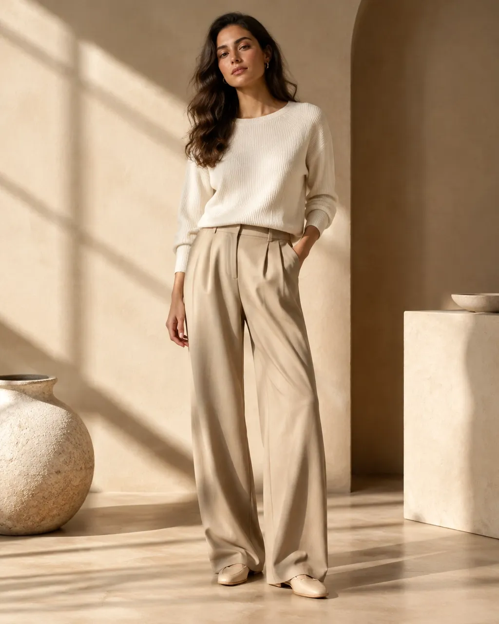 Fashion editorial portrait in a refined neutral-toned boutique studio