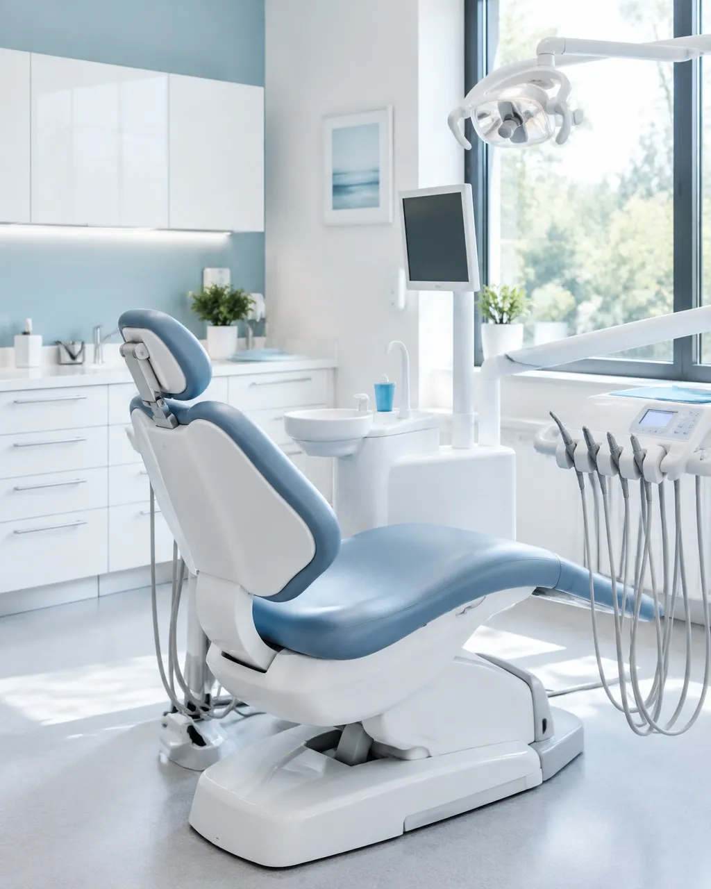 Bright, calming modern dental clinic treatment room with clean blue accents